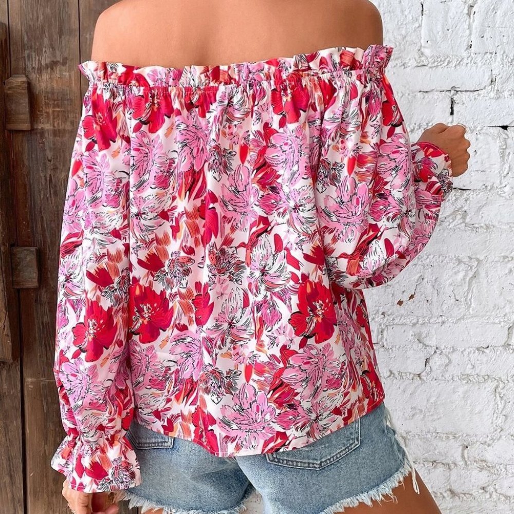Pink Boho Womens Floral Print Off Shoulder Flounce Sleeve Ruffle Trim Blouse - Picture 2 of 5